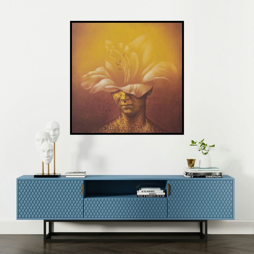 'Beautiful Mind (The Flower Within)' painting by Nilesh Vede shown on a wall in a furnished room.