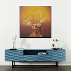 'Beautiful Mind (The Flower Within)' painting by Nilesh Vede shown on a wall in a furnished room.