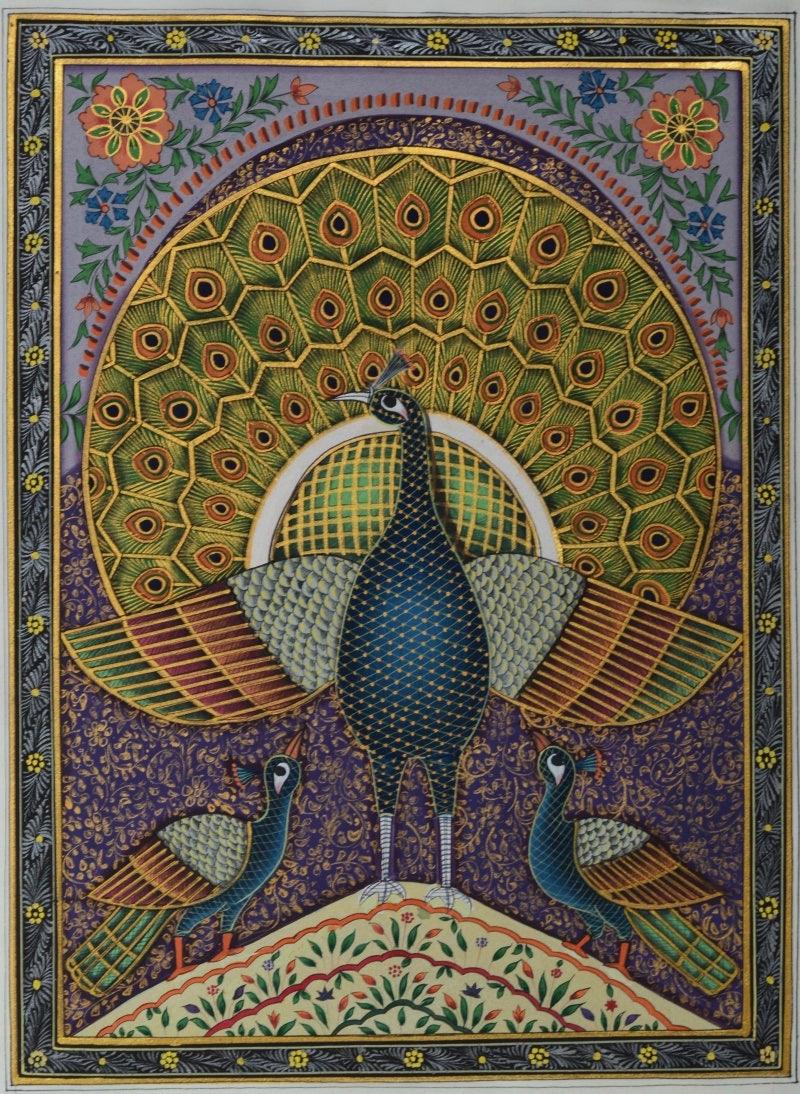 Animals miniature traditional art titled 'Beautiful Peacocks', 13x9 inches, by artist Unknown on Silk