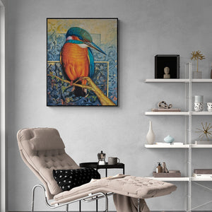 Pradeep Kumar's 'The Beautiful World (The Kingfisher's Gaze)' Painting visualized above a sofa in a contemporary room