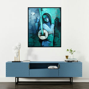 Deepa Vedpathak's 'Beauty' painting visualized above a sofa in a contemporary room.