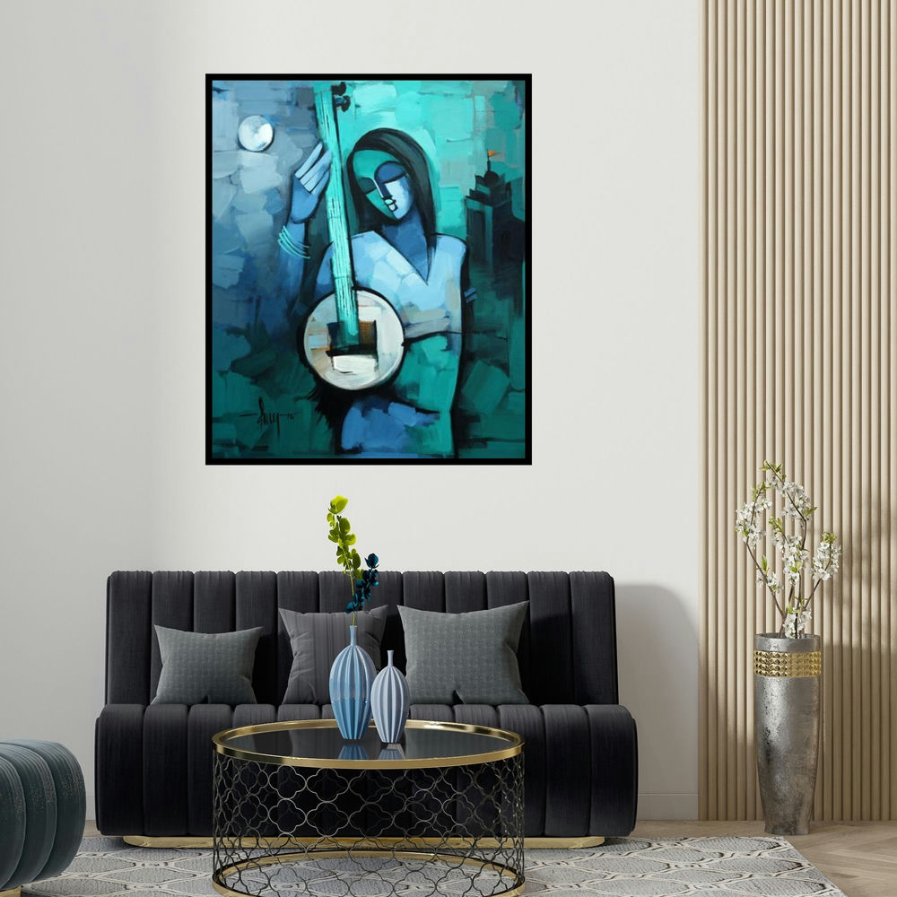 'Beauty' painting by Deepa Vedpathak shown on a wall in a furnished room.