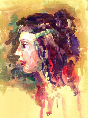Beauty 02 (Contemplative Gaze) by Raviraj Kumbhar, Print Acrylic Figurative Painting on Canvas, X-Small Vertical Wall Art