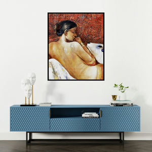 Jiban Biswas's 'Beauty 1' painting visualized above a sofa in a contemporary room.