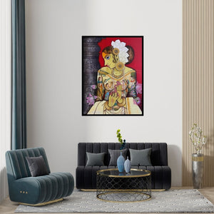 Preview of 'Beauty 1' Painting by Sachin Kharat shown on a wall in a furnished room.