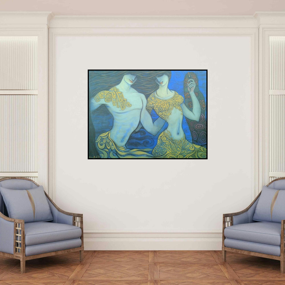 'Beauty (The Dance of Souls)' painting by Ramesh Gujar shown on a wall in a furnished room.