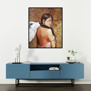 Jiban Biswas's 'Beauty 2 (Beauty)' painting visualized above a sofa in a contemporary room.