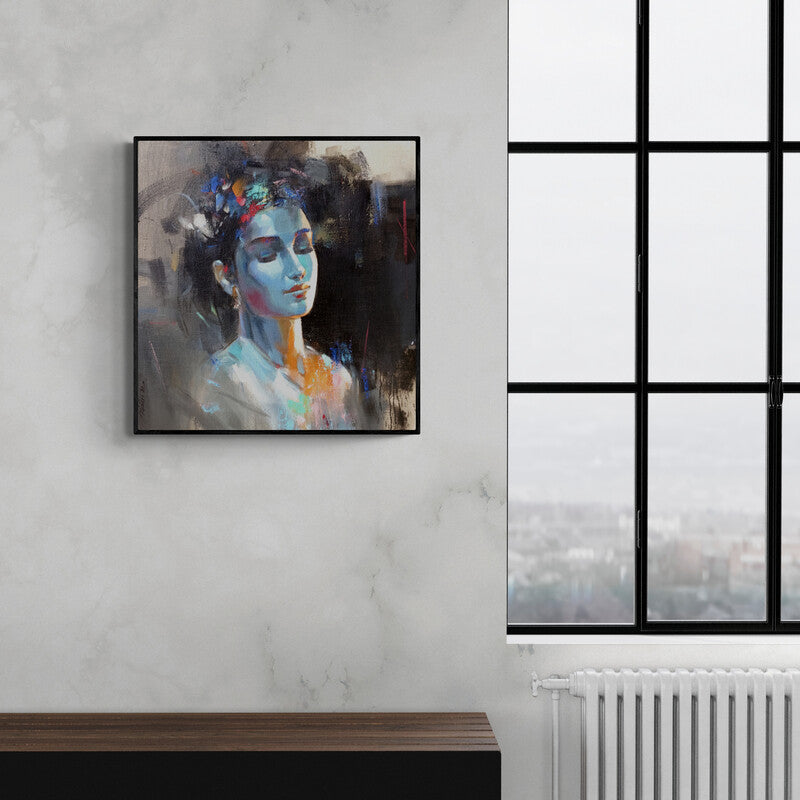 In-situ view of Niladri Paul's 'Beauty' painting in a room