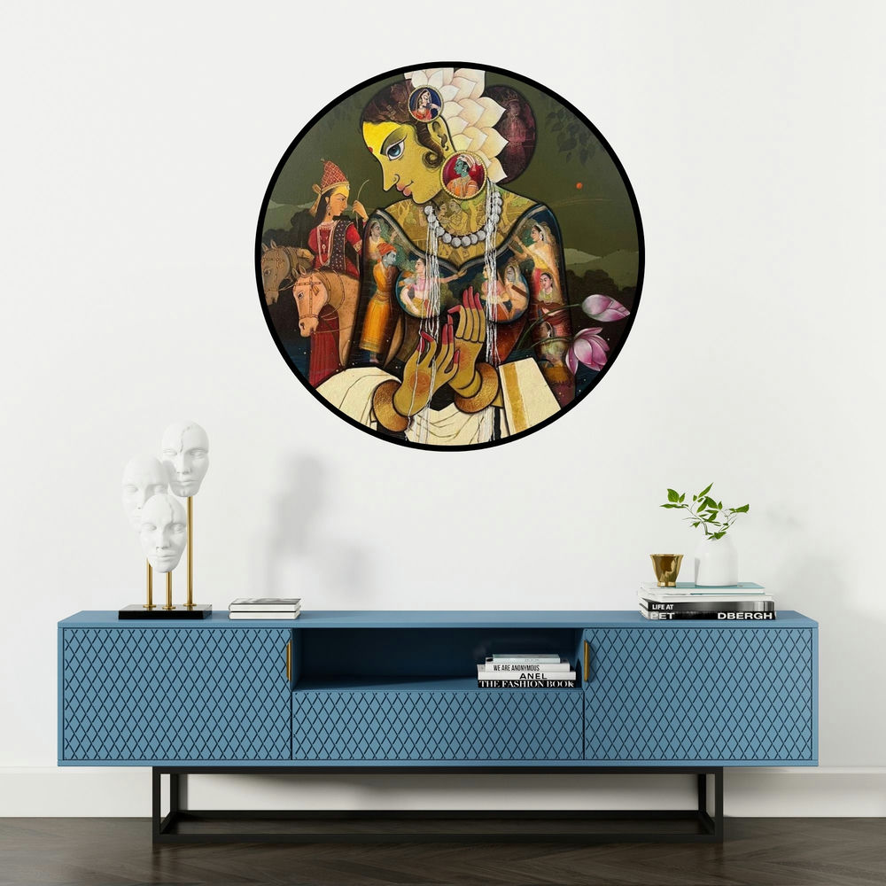 'Beauty (A Tapestry of Myth and Legend)' painting by Sachin Kharat shown on a wall in a furnished room.