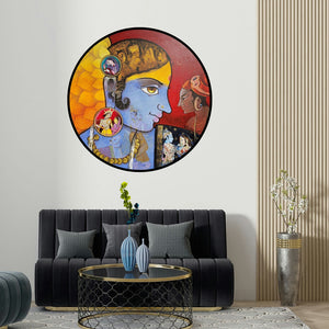 Sachin Kharat's 'Beauty (Radha Krishna Eternal Love)' painting visualized above a sofa in a contemporary room.