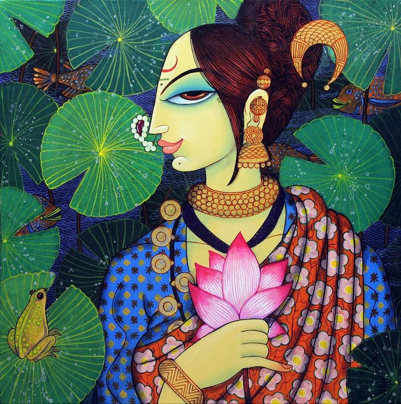 Figurative acrylic painting titled 'Beauty And Lotus 2', 24x24 inches, by artist Varsha Kharatamal on Canvas