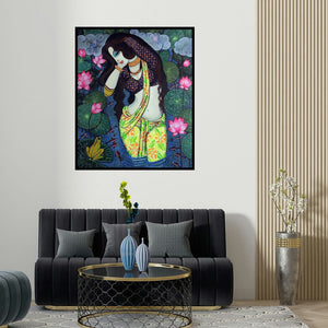 'Beauty And Lotus 3' painting by Varsha Kharatamal shown on a wall in a furnished room.