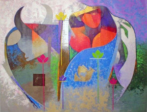 Beauty Beast I (The Inner Dance) by Ranjit Singh, Original Acrylic Figurative Painting on Canvas, Large Horizontal Wall Art