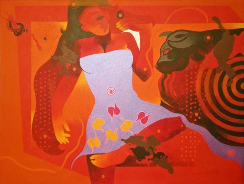 Figurative acrylic painting titled 'Beauty Beast II', 32x42 inches, by artist Ranjit Singh on Canvas