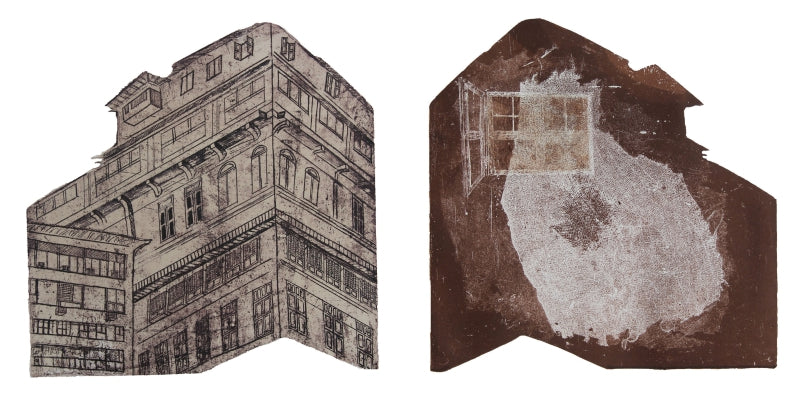 'Beauty In Decay Inside Story' cityscape etching printmaking by artist Pooja Shinde, 10x20 inch, on paper