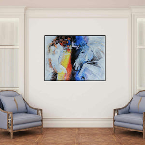 'Beauty With Horse (Ethereal Encounter)' painting by Vishal Phasale shown on a wall in a furnished room.