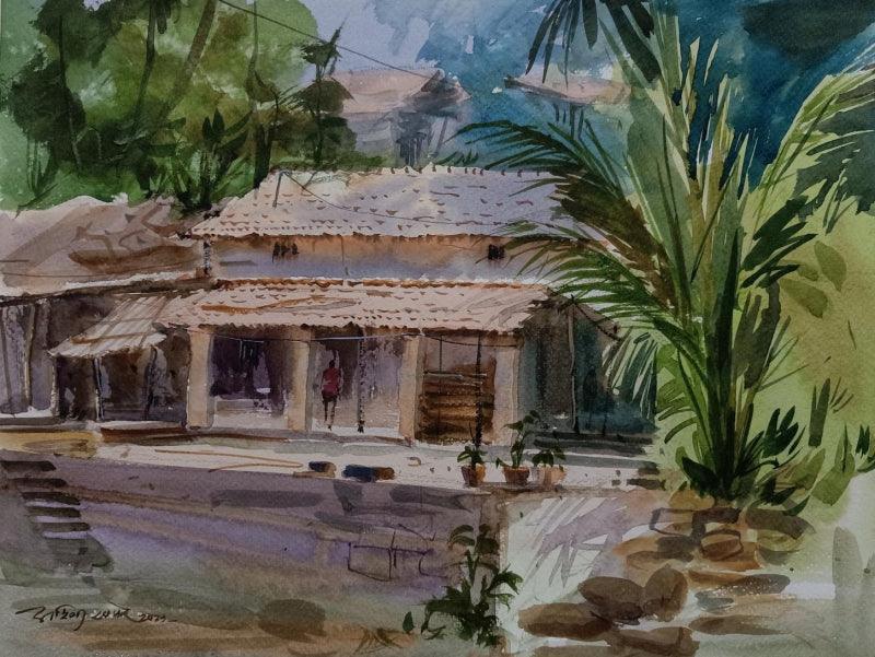 Cityscape watercolor painting titled 'Beauty Of Konkan', 12x6 inches, by artist Ashwin Khapare on Paper