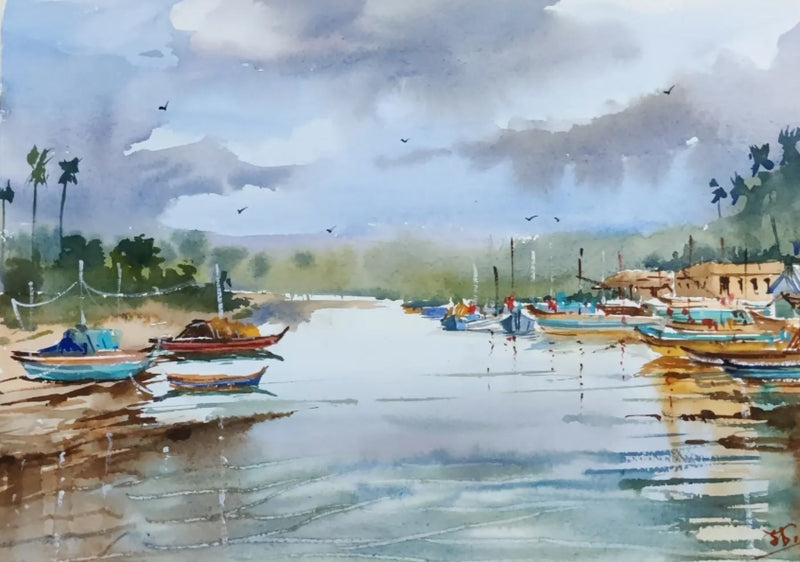 Beauty Of Konkan' seascape watercolor painting by artist Sujit Chakraborty, 12x17 inch, on paper