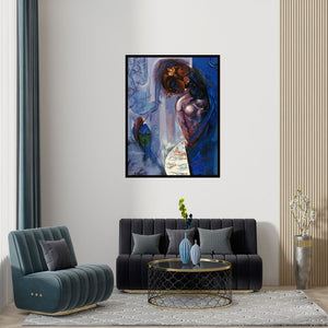 Preview of 'Beauty With Macaw' Painting by Vishal Phasale shown on a wall in a furnished room.
