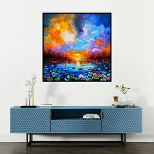 'Beauty Of Nature 2 (Twilight Reverie)' painting by Arjun Das shown on a wall in a furnished room.