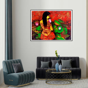 Mukesh Salvi's 'Beauty With Nature (Woman with Birds)' painting visualized above a sofa in a contemporary room.