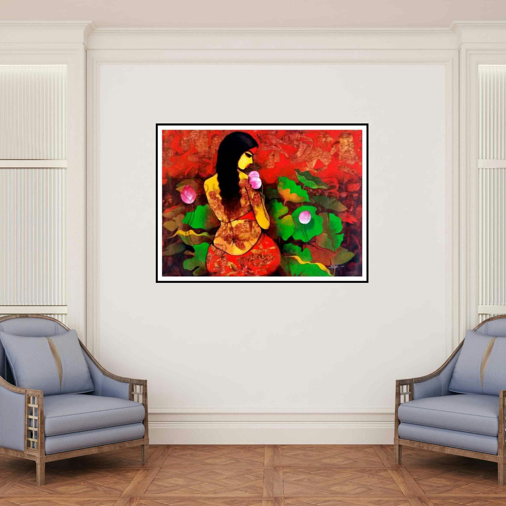 'Beauty With Nature (Woman with Birds)' painting by Mukesh Salvi shown on a wall in a furnished room.