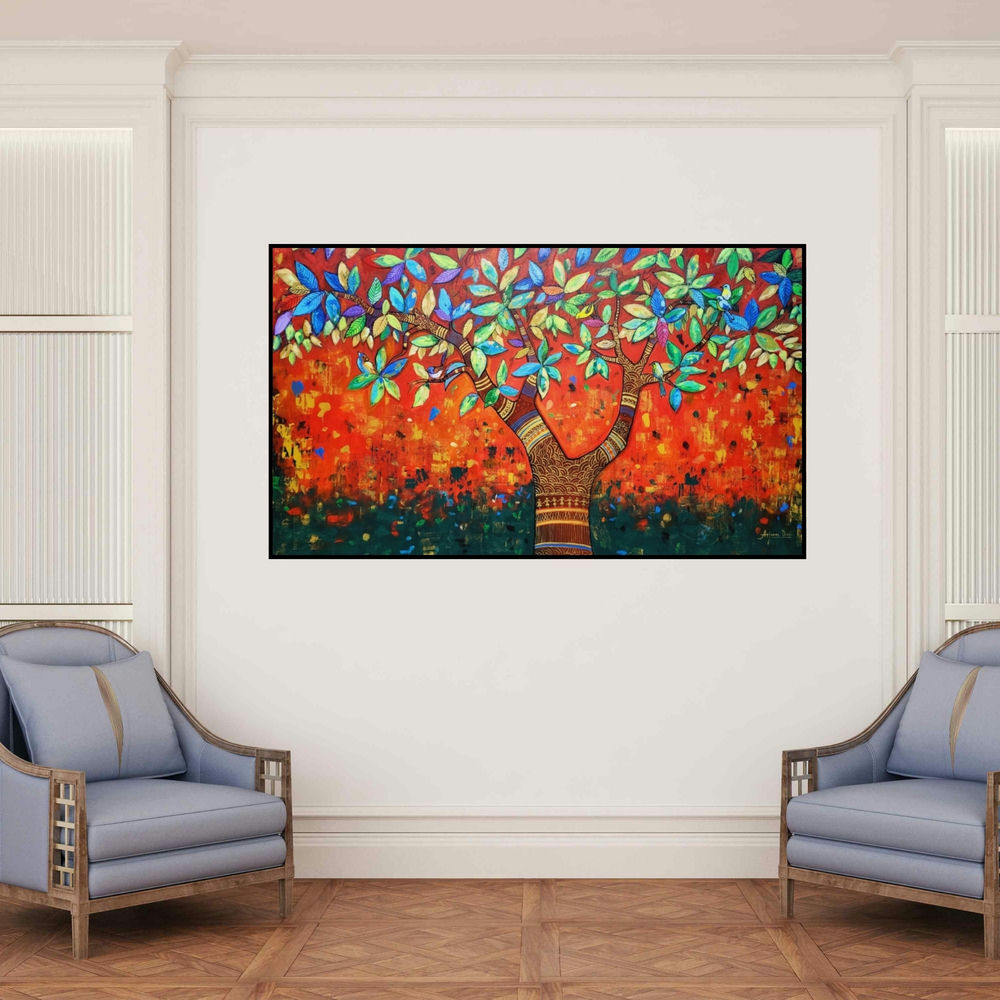 'Beauty Of Nature 5 (Tree of Life)' painting by Arjun Das shown on a wall in a furnished room.
