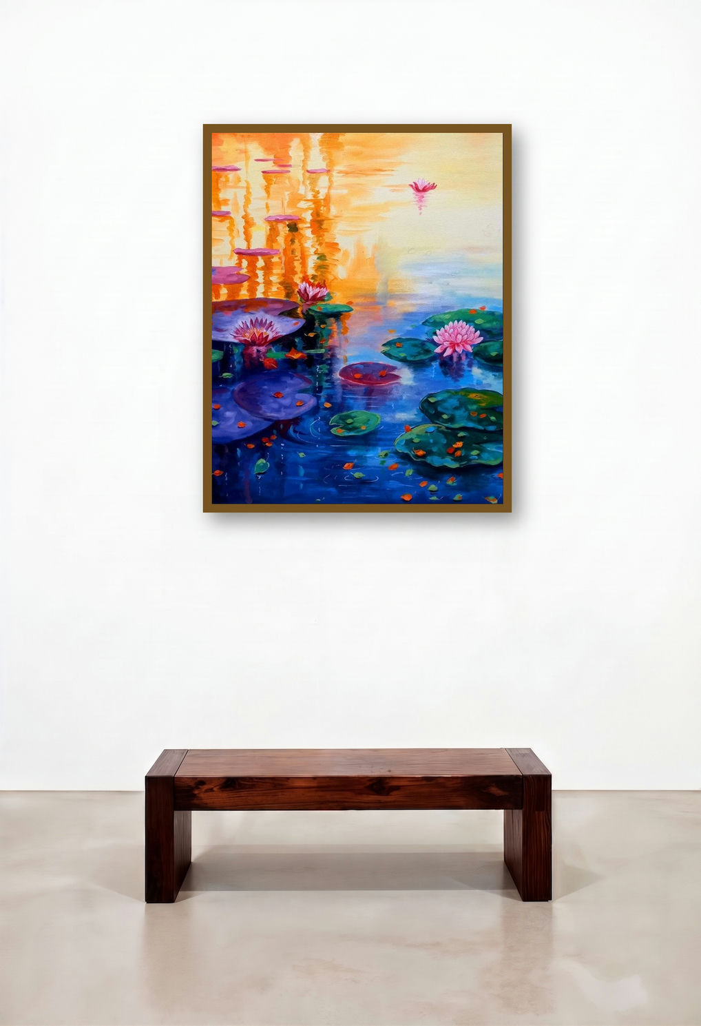 Beauty Of Nature 7 (Lotus Pond at Sunset) by artist Arjun Das displayed in a Rustic Bedroom