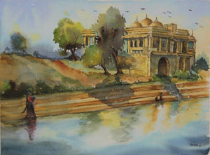 Beauty Of Peace (Ghat Scene) by Krupa Shah, Original Watercolor Landscape Painting on Paper, Small Horizontal Wall Art