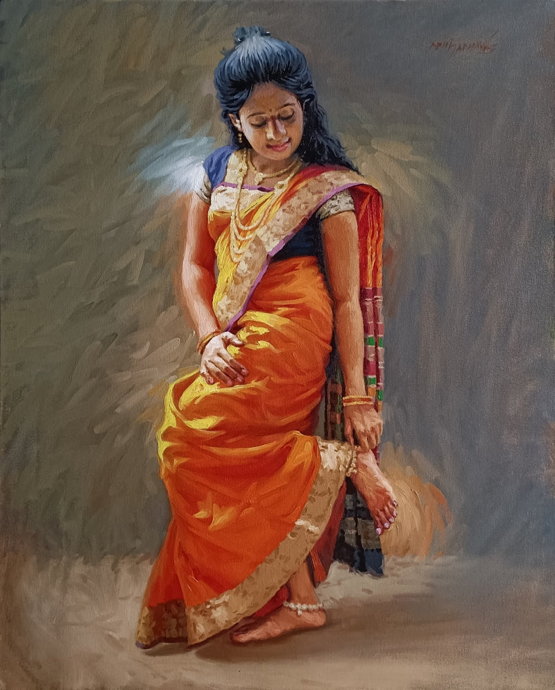 'Beauty In Orange' figurative oil painting by artist Abhijit Jadhav, 30x24 inch, on canvas