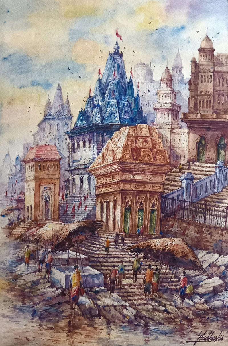 Religious watercolor painting titled 'The Beauty Of Varanasi 2', 22x15 inch, by artist Shubhashis Mandal on Handmade Paper