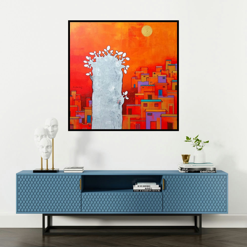 'The Beauty Village 3' painting by Shankar Lohar shown on a wall in a furnished room.