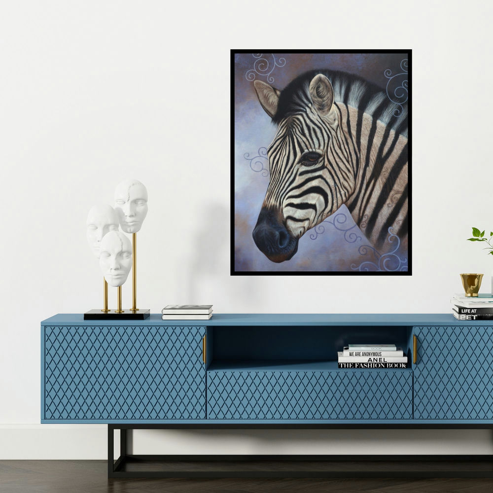 'Beauty Of Wildlife 3 (The Zebra's Gaze)' painting by Ramesh Das shown on a wall in a furnished room.