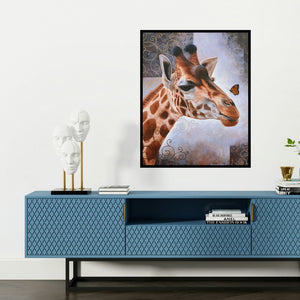 'Beauty Of Wildlife 4 (The Curious Giraffe)' painting by Ramesh Das shown on a wall in a furnished room.