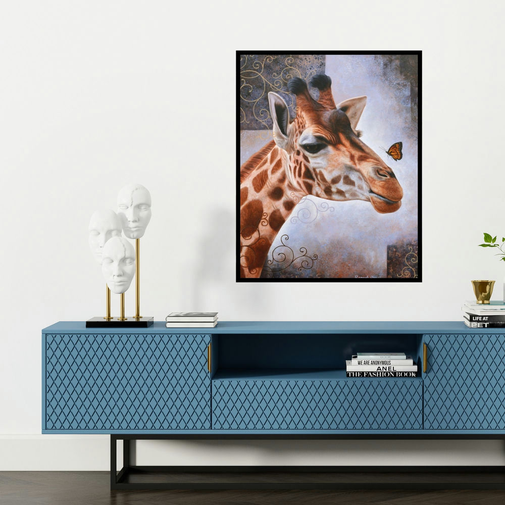 'Beauty Of Wildlife 4 (The Curious Giraffe)' painting by Ramesh Das shown on a wall in a furnished room.