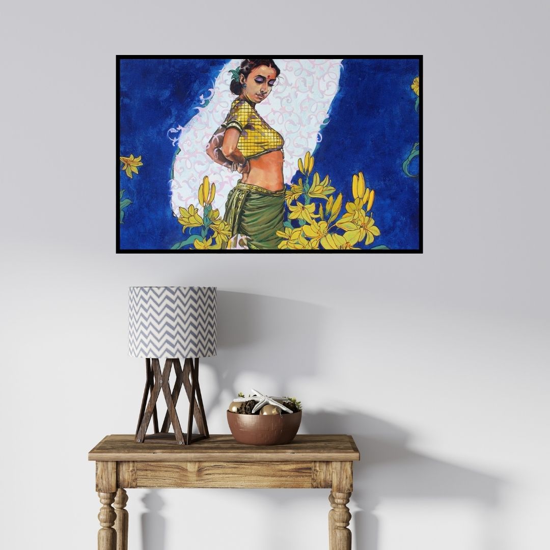 In-situ view of Ramchandra Kharatmal's 'Beauty With Yellow Flowers (Interconnected Souls**)' painting in a room