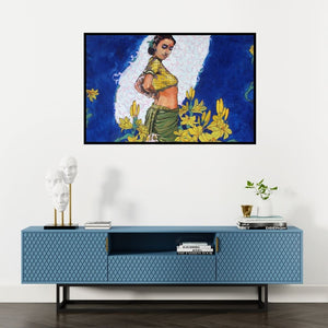 Preview of 'Beauty With Yellow Flowers (Interconnected Souls**)' Painting by Ramchandra Kharatmal shown on a wall in a furnished room.