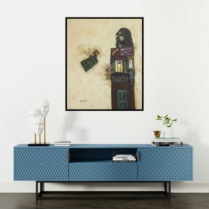 Tamojit Bhattacharya's 'Bee Mine (Monsoon Landscape)' painting visualized above a sofa in a contemporary room.