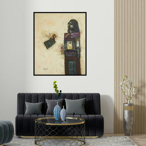 'Bee Mine (Monsoon Landscape)' painting by Tamojit Bhattacharya shown on a wall in a furnished room.