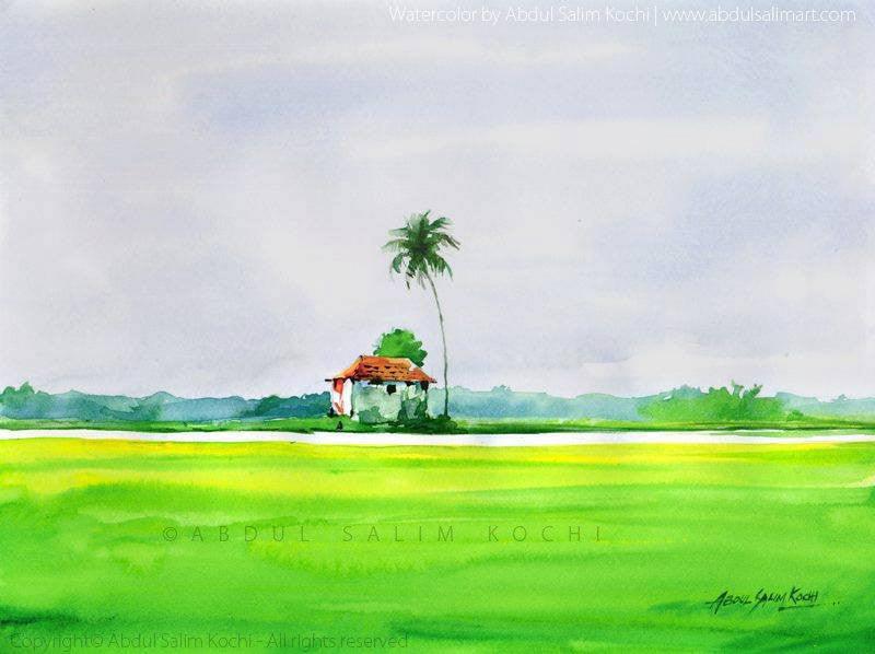 Landscape watercolor painting titled 'Before The Arrival Of Rain', 9x12 inches, by artist Abdul Salim on Paper