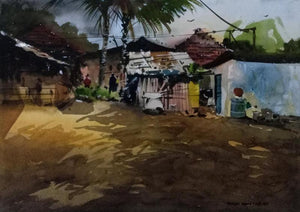 Before The Rain (A Quiet Village Corner) by Kiran Gunjkar, Original Watercolor Landscape Painting on Handmade Paper, Small Horizontal Wall Art
