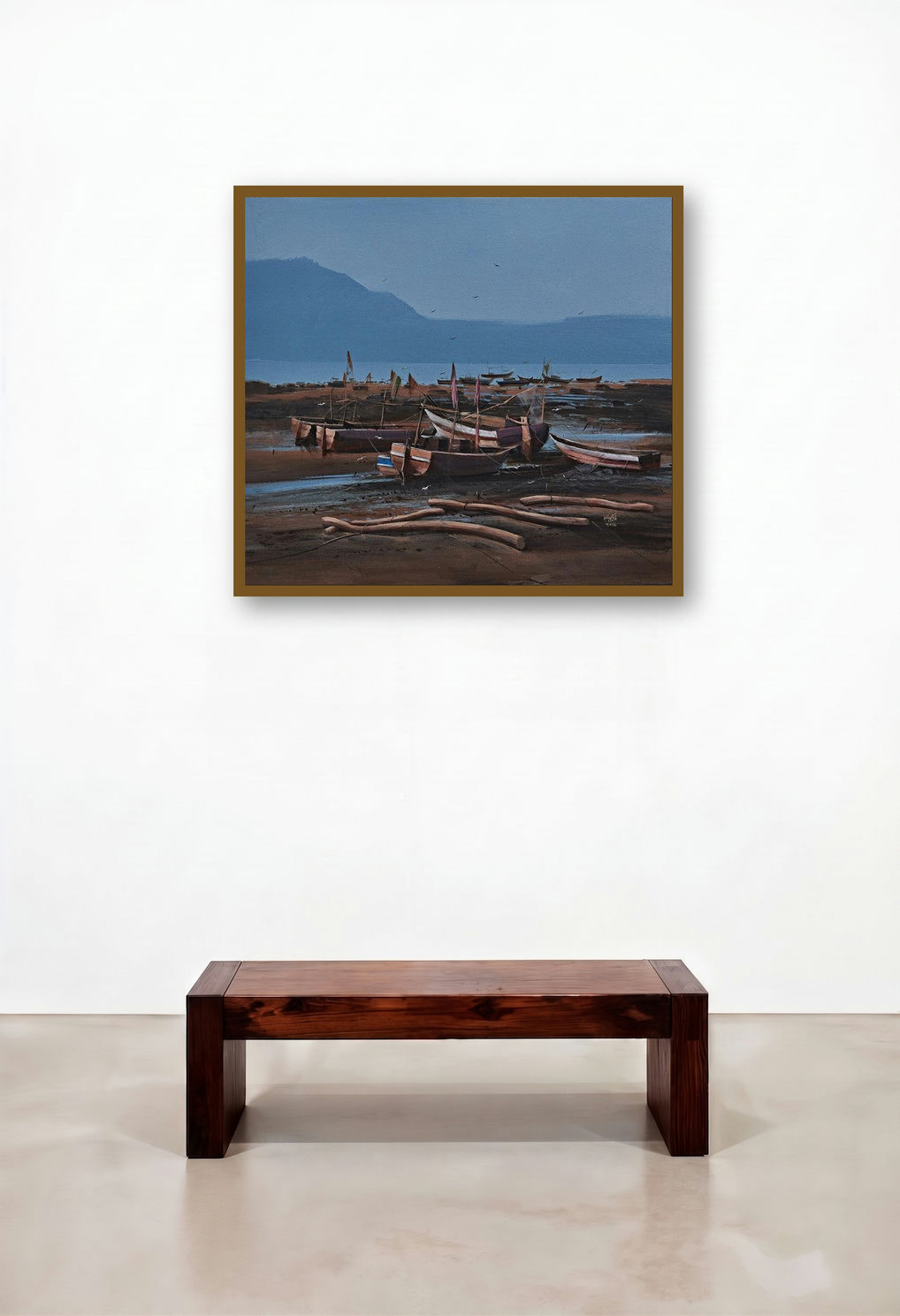 Beginning 1 (Twilight's Embrace) by artist Mangesh Shinde displayed in a Rustic Hallway