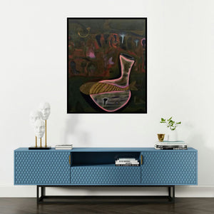 Rohit Joshi's 'Beginning Of Life (The Dream of the Fish)' painting visualized above a sofa in a contemporary room.