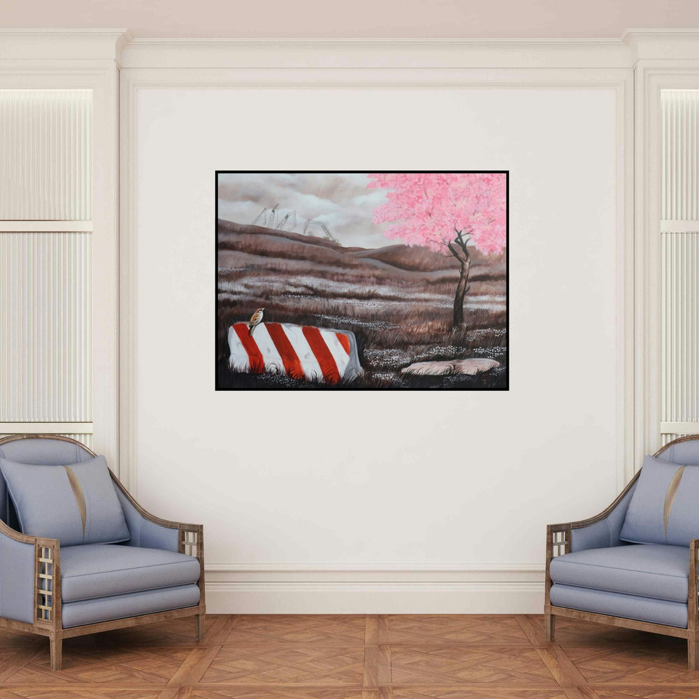 'Behind The Horizon (Harmony in Discord)' painting by Gopal Roy shown on a wall in a furnished room.