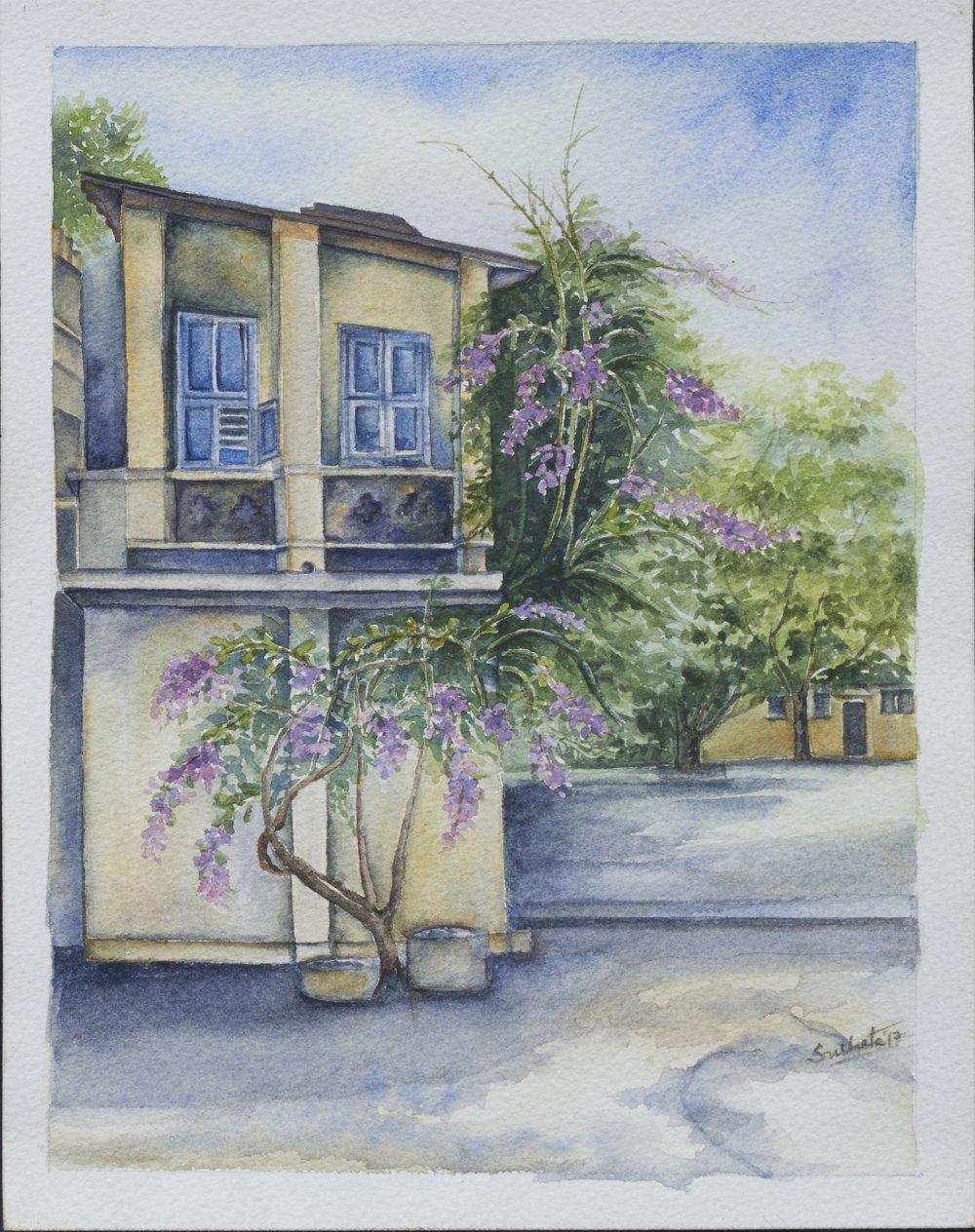 Nature watercolor artcontent titled 'Behind the office building', 10x13 inches, by artist Sucheta Misra on paper