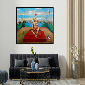 Anand Kumar's 'Behrupiya Desire (The Tiger's Reflection)' painting visualized above a sofa in a contemporary room.