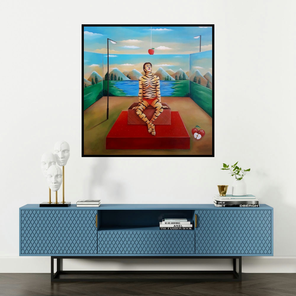 'Behrupiya Desire (The Tiger's Reflection)' painting by Anand Kumar shown on a wall in a furnished room.