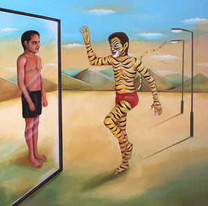 In-situ view of Anand Kumar's 'Behrupiya Reflection (The Inner Beast)' painting in a room