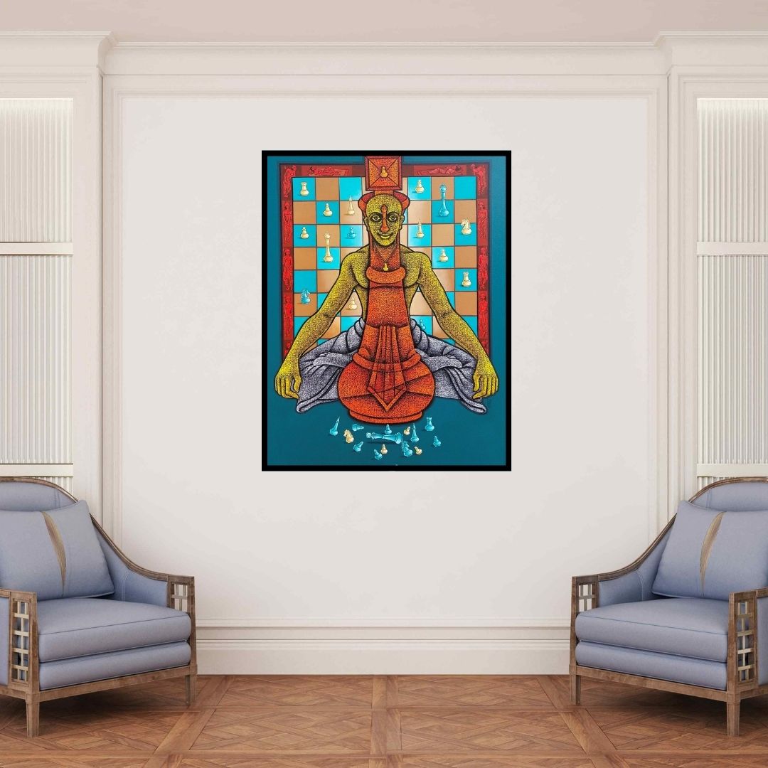 In-situ view of Satyajeet Shinde's 'The Being King (The King)' painting in a room