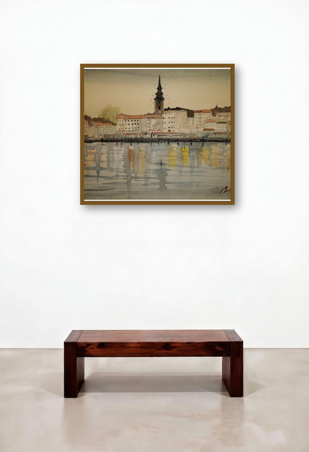Belgrade Serbia (Waterfront Reflections) by artist Arunava Ray displayed in a Mid-Century Modern Reception Area